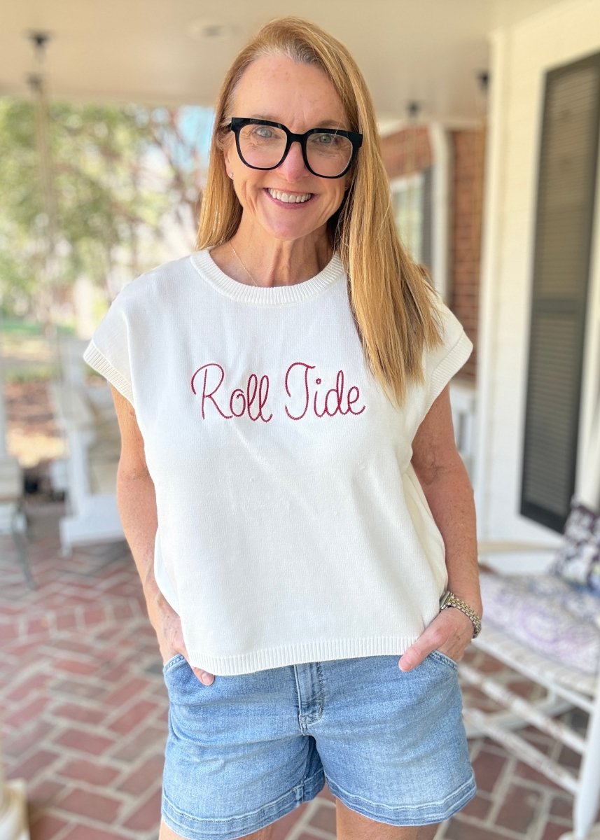 Roll Tide Embroidered Sweater Vest - Ivory w/Crimson - gameday -Jimberly's Boutique-Olive Branch-Mississippi
