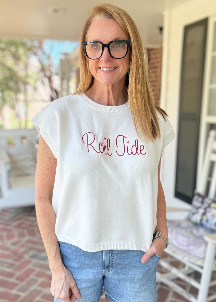 Roll Tide Embroidered Sweater Vest - Ivory w/Crimson - gameday -Jimberly's Boutique-Olive Branch-Mississippi