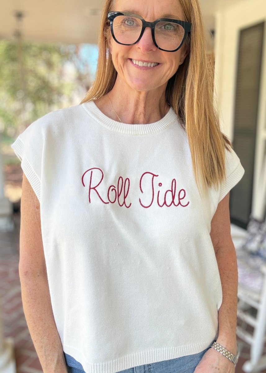 Roll Tide Embroidered Sweater Vest - Ivory w/Crimson - gameday -Jimberly's Boutique-Olive Branch-Mississippi