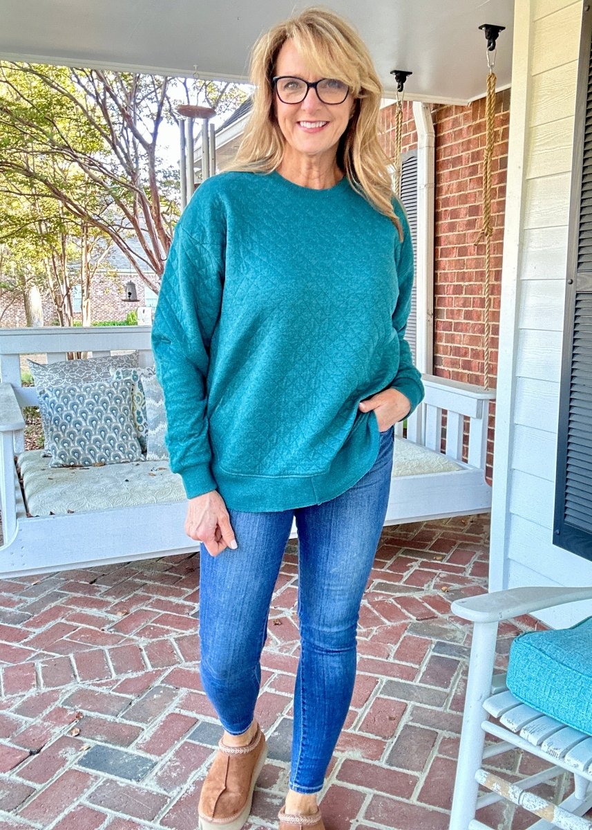 Royce Long Sleeve Rounded Bottom Quilted Top - Emerald - Royce Sweatshirt - Jimberly's Boutique - Olive Branch - Mississippi