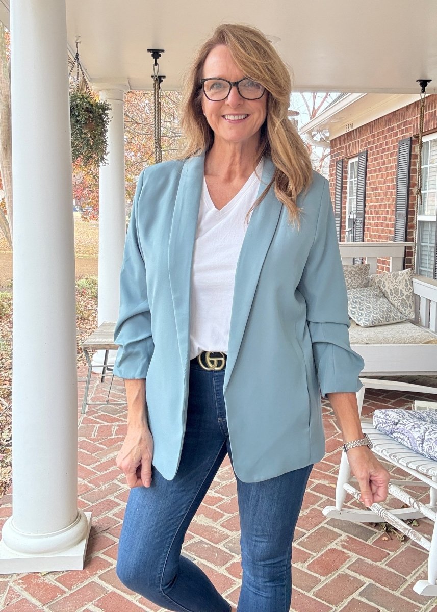 Ruched Sleeve Blazer - Blue Grey - Jimberly's Boutique - Olive Branch - Mississippi