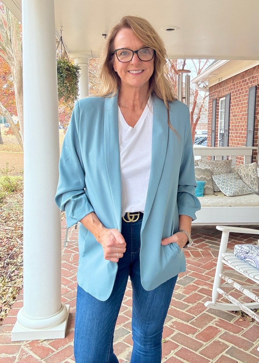 Ruched Sleeve Blazer - Blue Grey - Jimberly's Boutique - Olive Branch - Mississippi