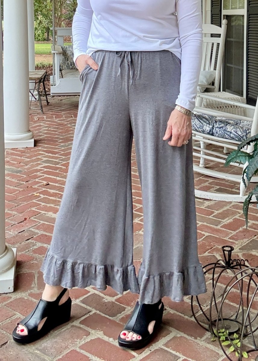 Ruffled Wide Leg Pants - Grey - casual pants - Jimberly's Boutique - Olive Branch - Mississippi