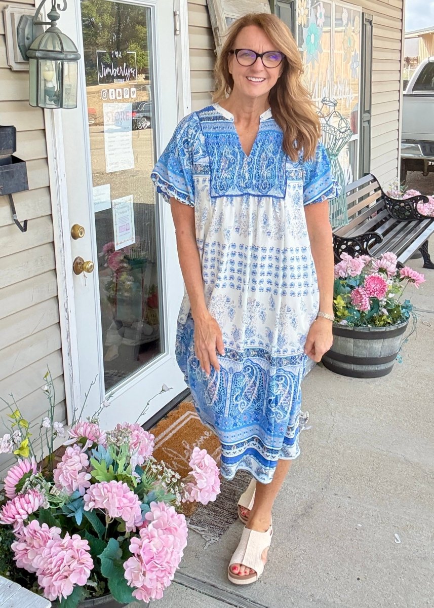 Sadie Paisley Print Midi Dress - Blue | Umgee - Umgee Dress - Jimberly's Boutique - Olive Branch - Mississippi