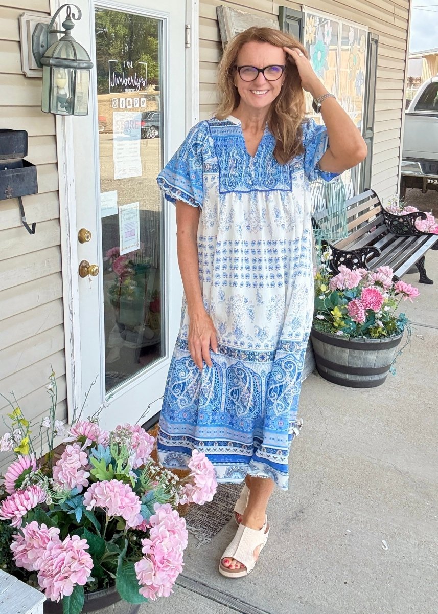 Sadie Paisley Print Midi Dress - Blue | Umgee - Umgee Dress - Jimberly's Boutique - Olive Branch - Mississippi