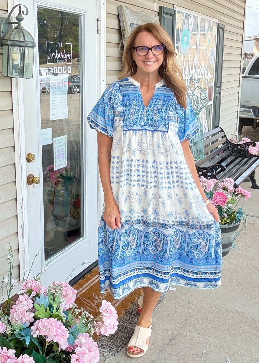 Sadie Paisley Print Midi Dress - Blue | Umgee - Umgee Dress - Jimberly's Boutique - Olive Branch - Mississippi