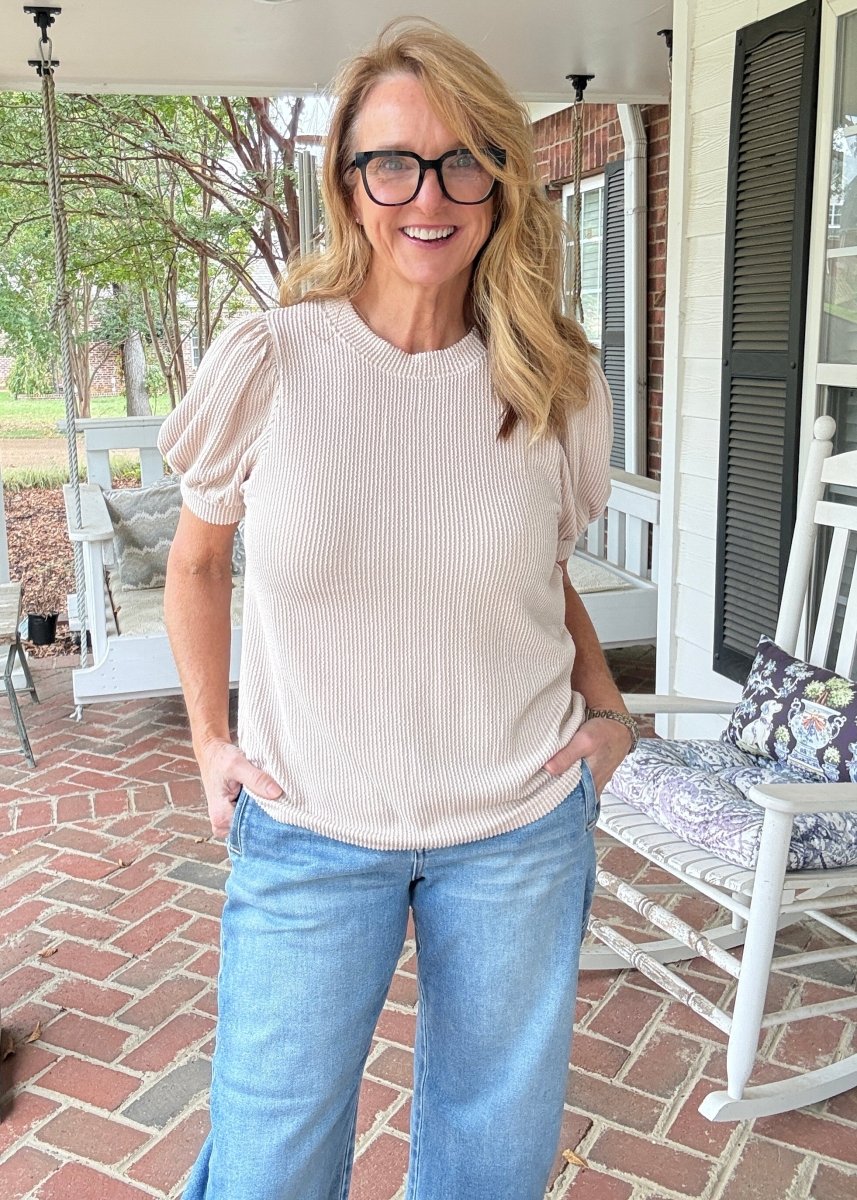 Sand Beige Raised Rib Puff Sleeve Top - Zenana Casual Top -Jimberly's Boutique-Olive Branch-Mississippi