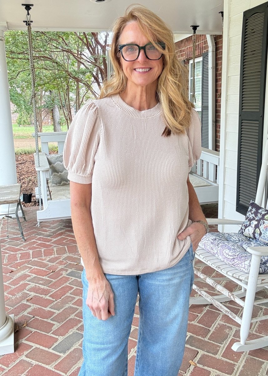 Sand Beige Raised Rib Puff Sleeve Top - Zenana Casual Top -Jimberly's Boutique-Olive Branch-Mississippi