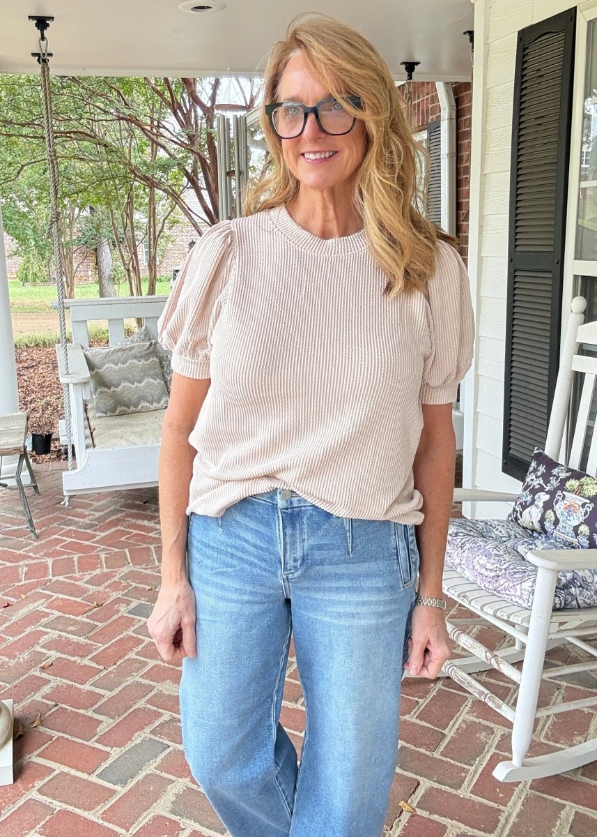 Sand Beige Raised Rib Puff Sleeve Top - Zenana Casual Top -Jimberly's Boutique-Olive Branch-Mississippi