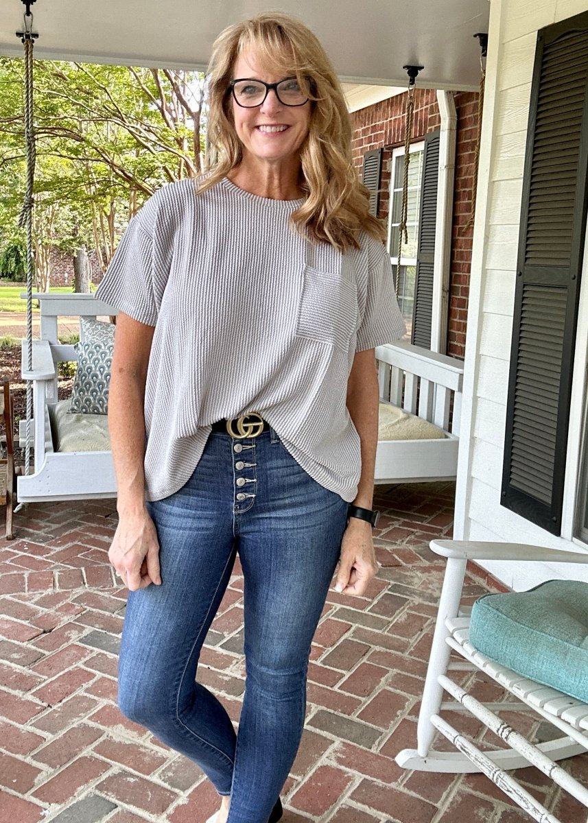 Sandra Lynn | Textured | Pocket Top - Light Grey - Zenana Casual Top - Jimberly's Boutique - Olive Branch - Mississippi