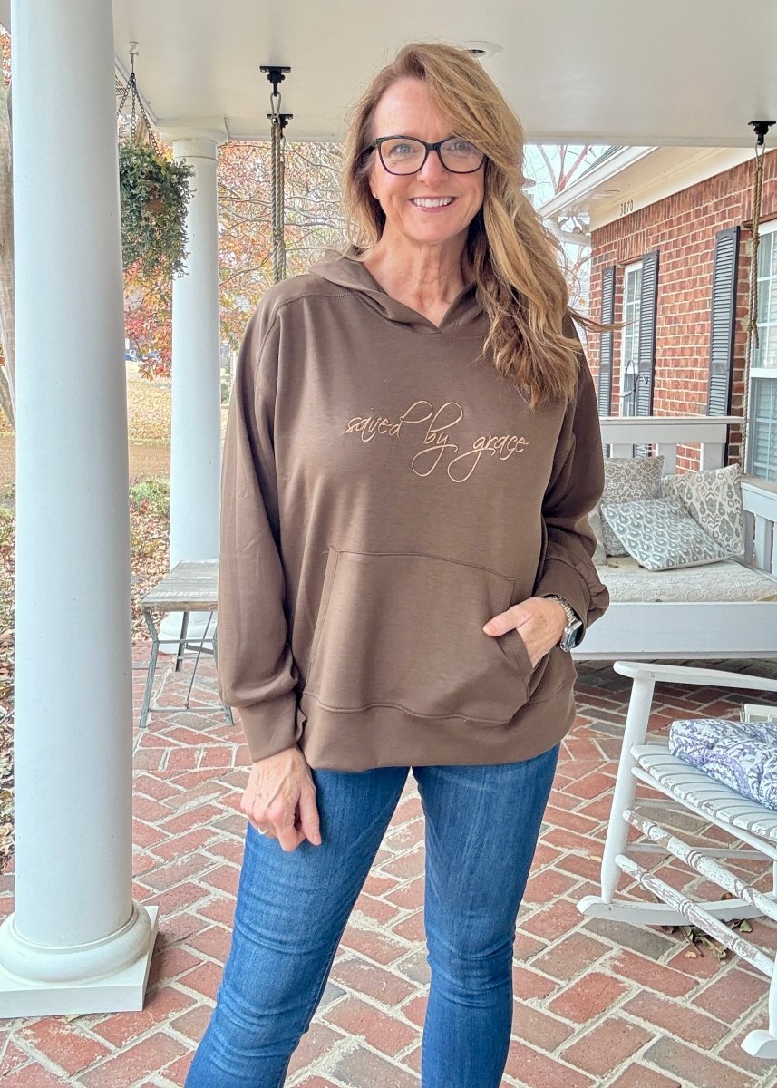 Saved by Grace Embroidered Hoodie - Brown | Dear Scarlett - hoodie - Jimberly's Boutique - Olive Branch - Mississippi