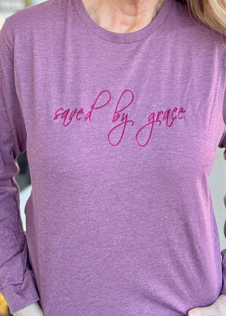 Saved By Grace Embroidered LS T Shirt - embroidered t shirt - Jimberly's Boutique - Olive Branch - Mississippi