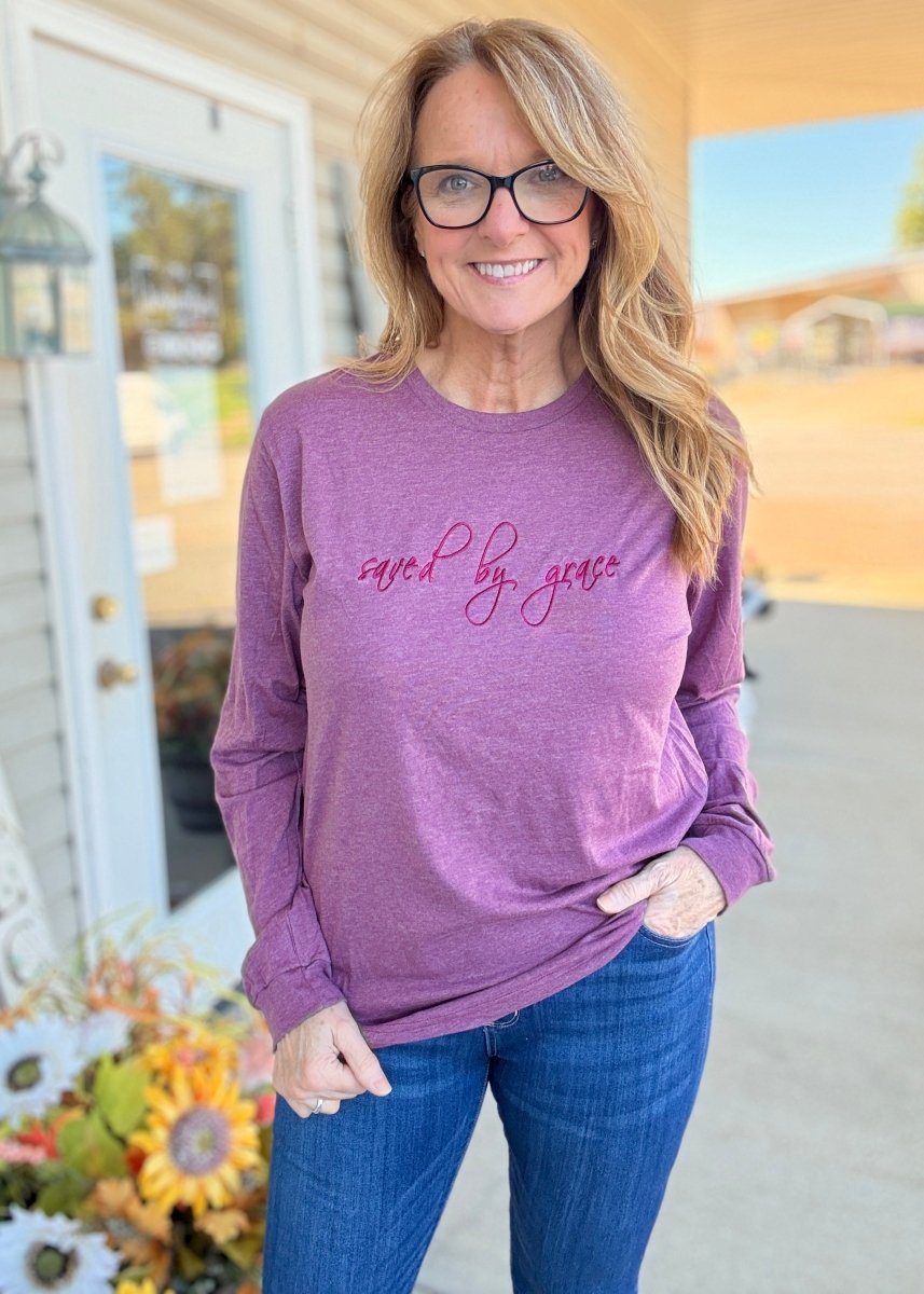 Saved By Grace Embroidered LS T Shirt - embroidered t shirt - Jimberly's Boutique - Olive Branch - Mississippi