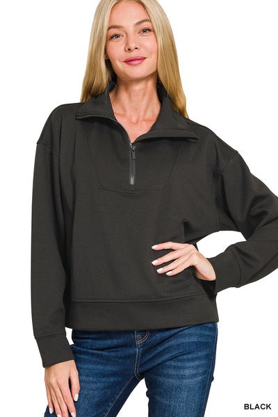 Scuba Half Zip Pullover - Black | Zenana - Casual Top - Jimberly's Boutique - Olive Branch - Mississippi