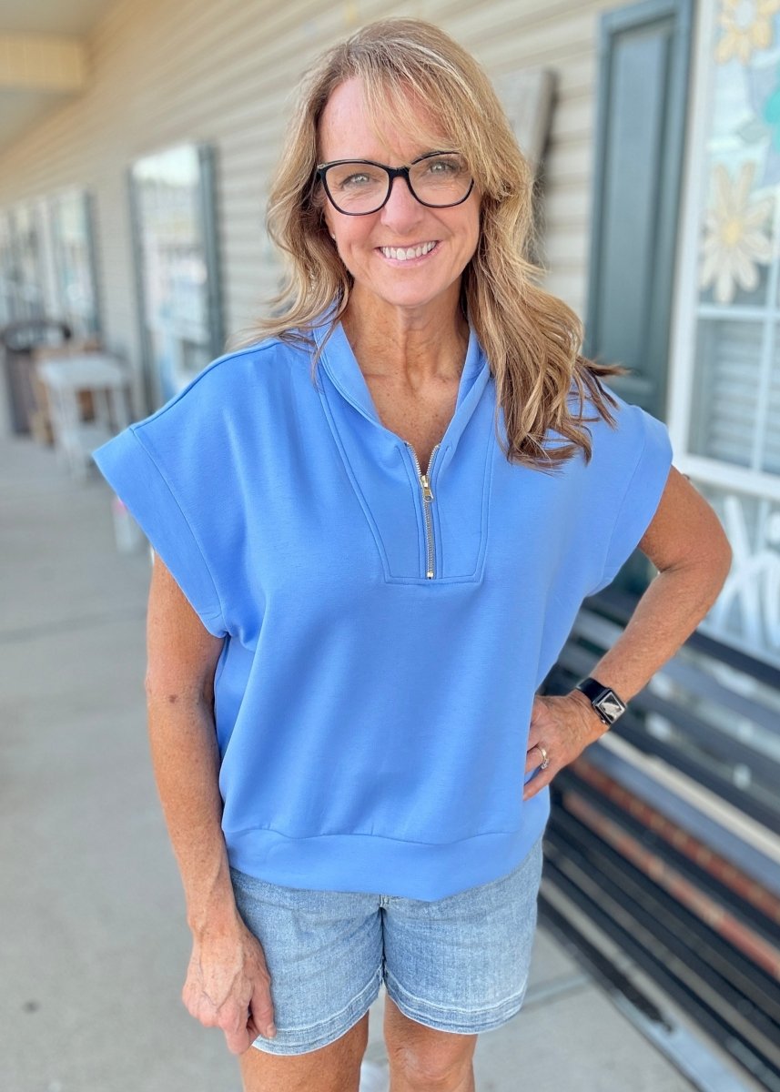 Scuba High Neck Half Zip Top - Cornflower - Casual Top - Jimberly's Boutique - Olive Branch - Mississippi