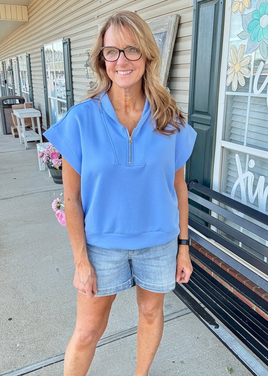 Scuba High Neck Half Zip Top - Cornflower - Casual Top - Jimberly's Boutique - Olive Branch - Mississippi
