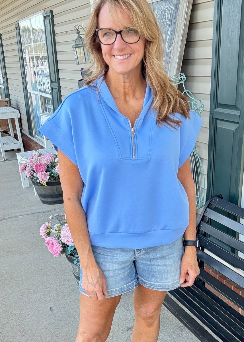 Scuba High Neck Half Zip Top - Cornflower - Casual Top - Jimberly's Boutique - Olive Branch - Mississippi
