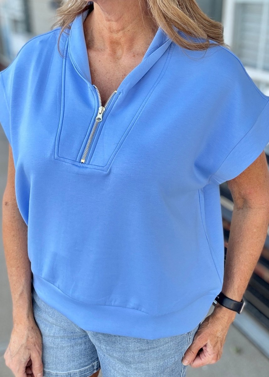 Scuba High Neck Half Zip Top - Cornflower - Casual Top - Jimberly's Boutique - Olive Branch - Mississippi