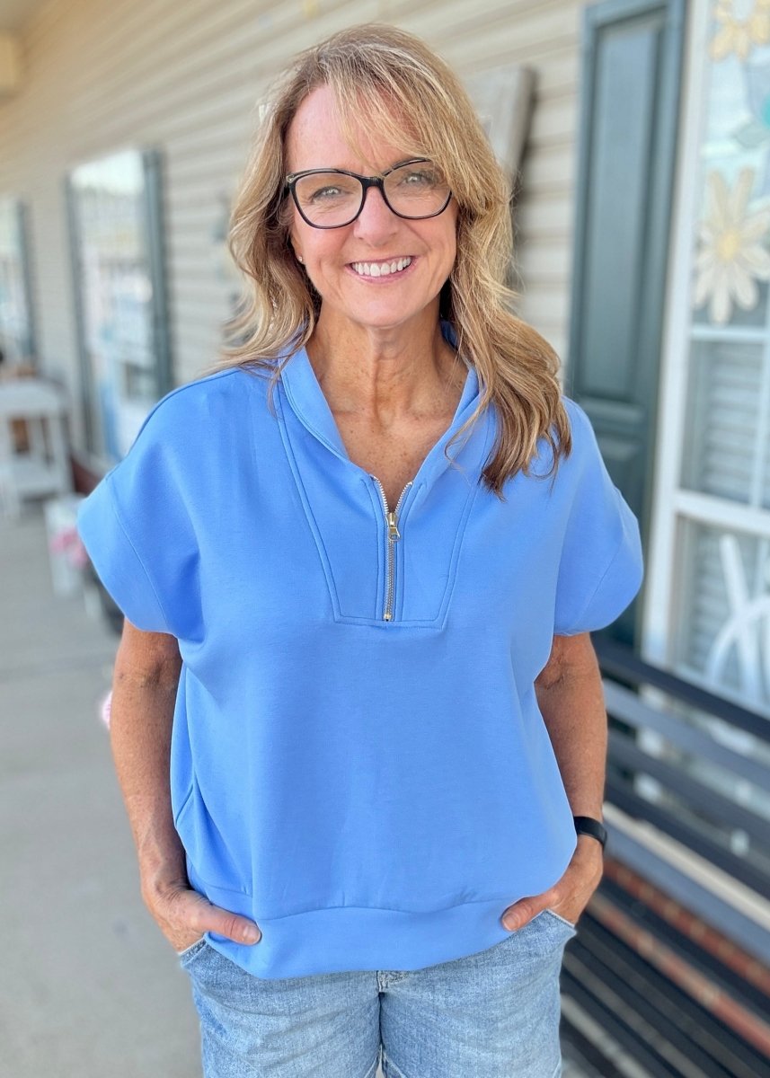 Scuba High Neck Half Zip Top - Cornflower - Casual Top - Jimberly's Boutique - Olive Branch - Mississippi