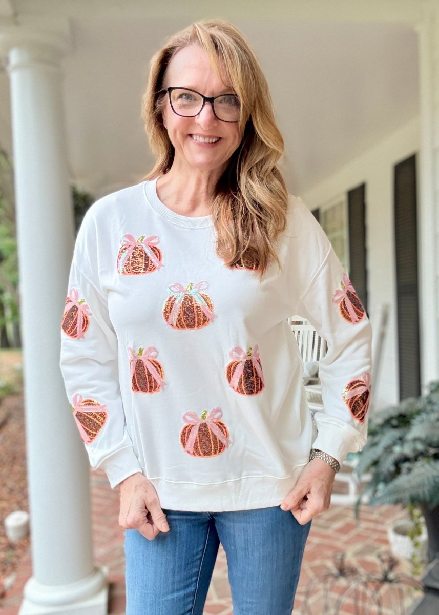 Sequin Bow Pumpkin Sweatshirt - Sweatshirt - Jimberly's Boutique - Olive Branch - Mississippi