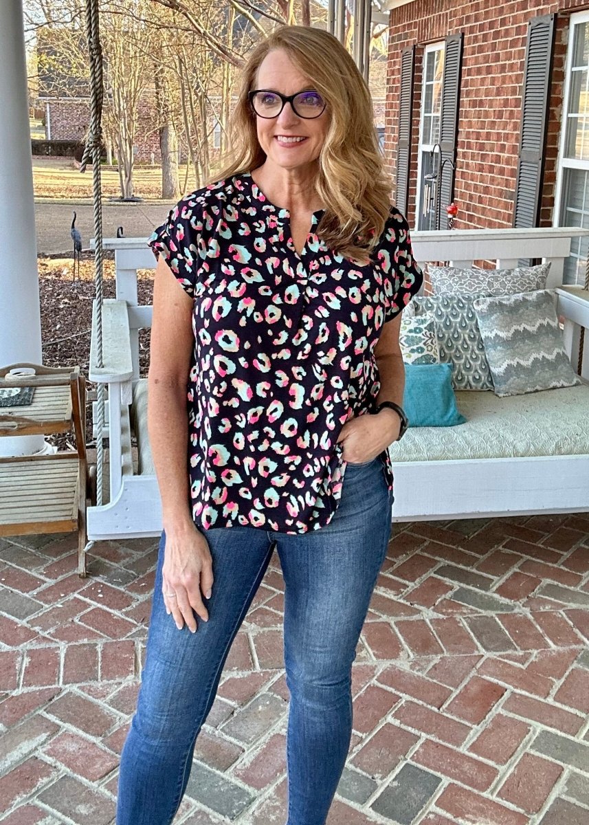 Shelly Black Multi Leopard Short Sleeve Top | Dear Scarlett - Casual Top -Jimberly's Boutique-Olive Branch-Mississippi