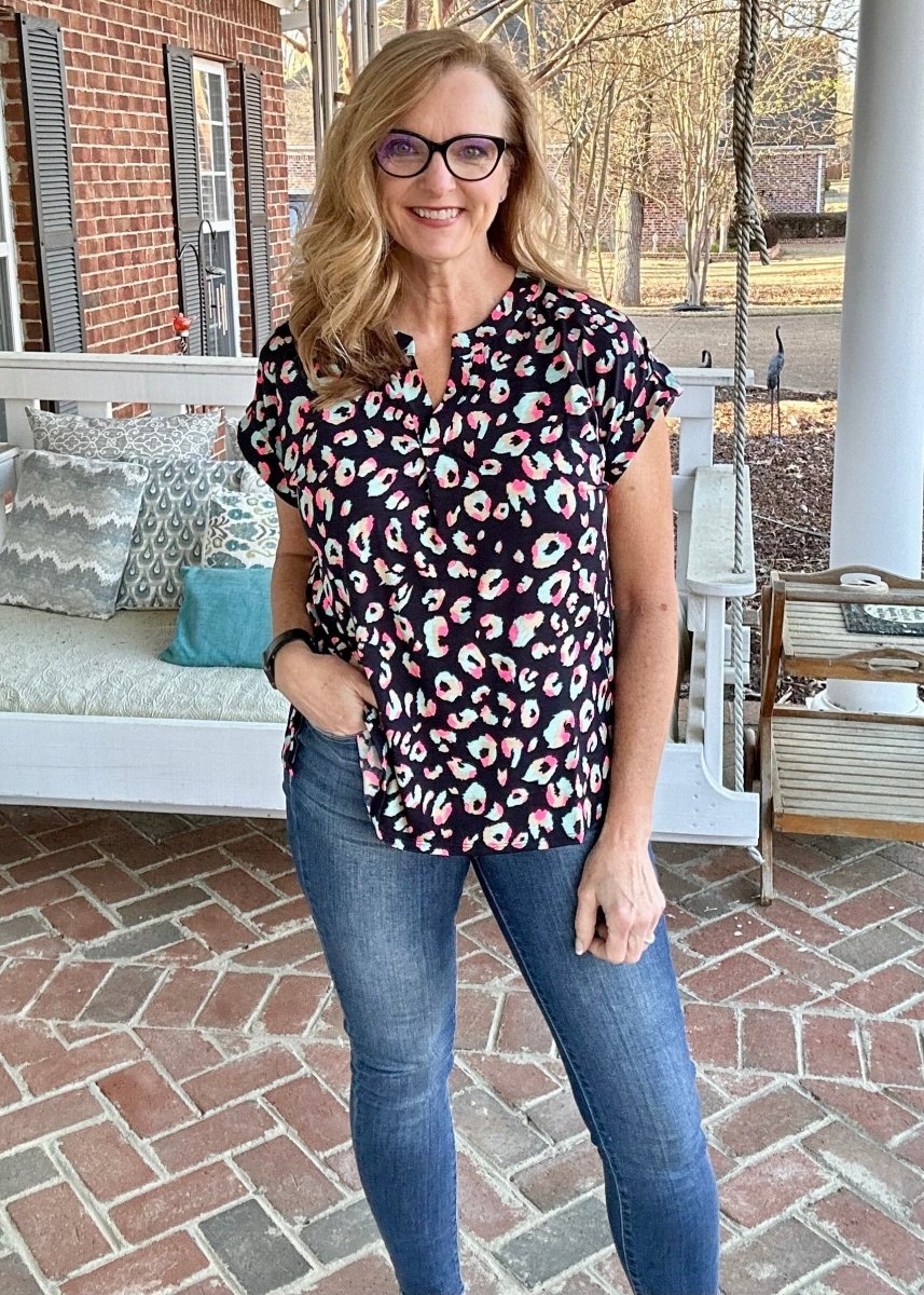 Shelly Black Multi Leopard Short Sleeve Top | Dear Scarlett - Casual Top -Jimberly's Boutique-Olive Branch-Mississippi
