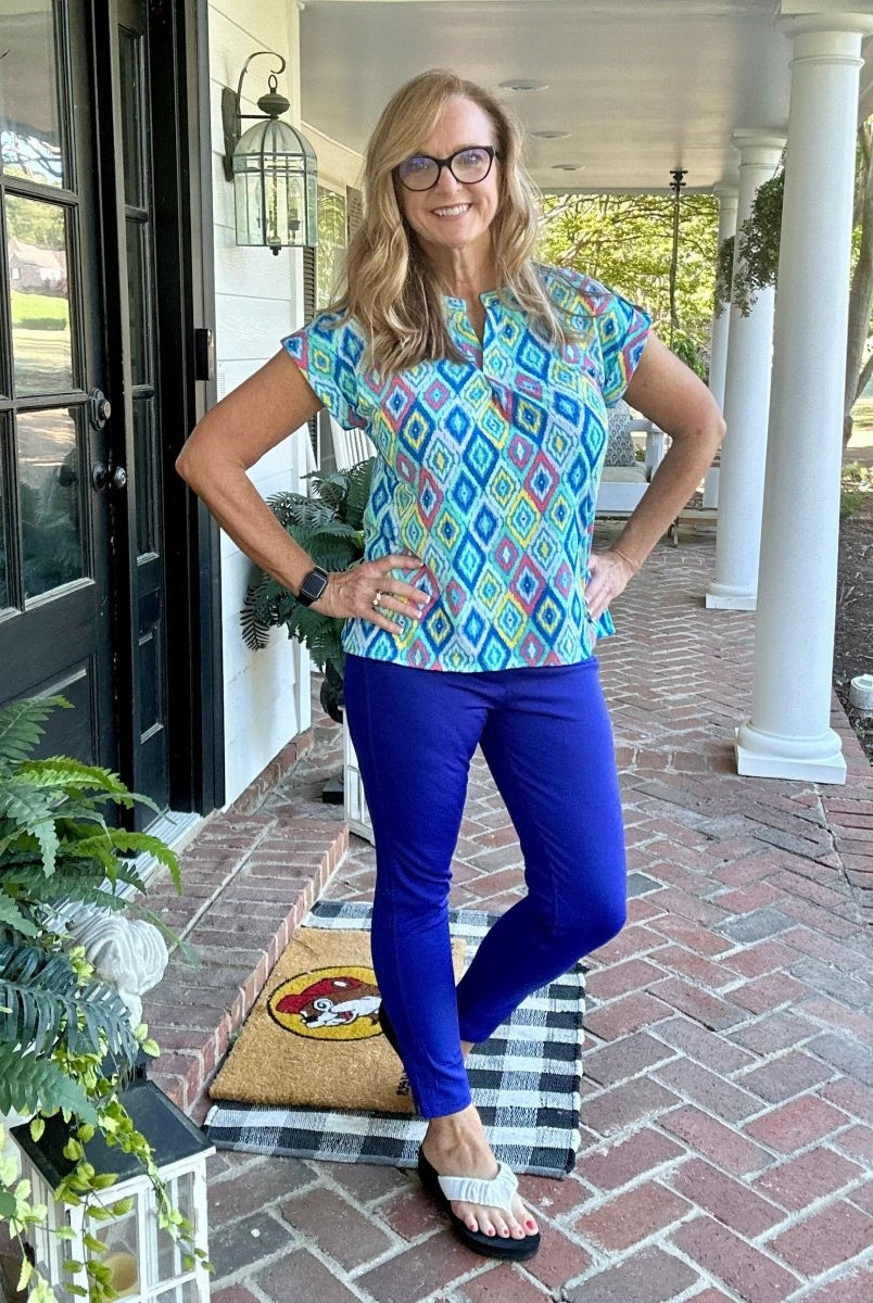 Shelly Blue Multi Ikat Short Sleeve Top | Dear Scarlett - Casual Top -Jimberly's Boutique-Olive Branch-Mississippi