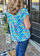 Shelly Blue Multi Ikat Short Sleeve Top | Dear Scarlett - Casual Top -Jimberly's Boutique-Olive Branch-Mississippi