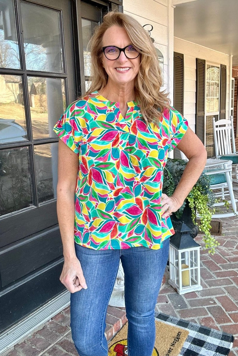 Shelly Emerald Multi Print Short Sleeve Top | Dear Scarlett - Casual Top -Jimberly's Boutique-Olive Branch-Mississippi