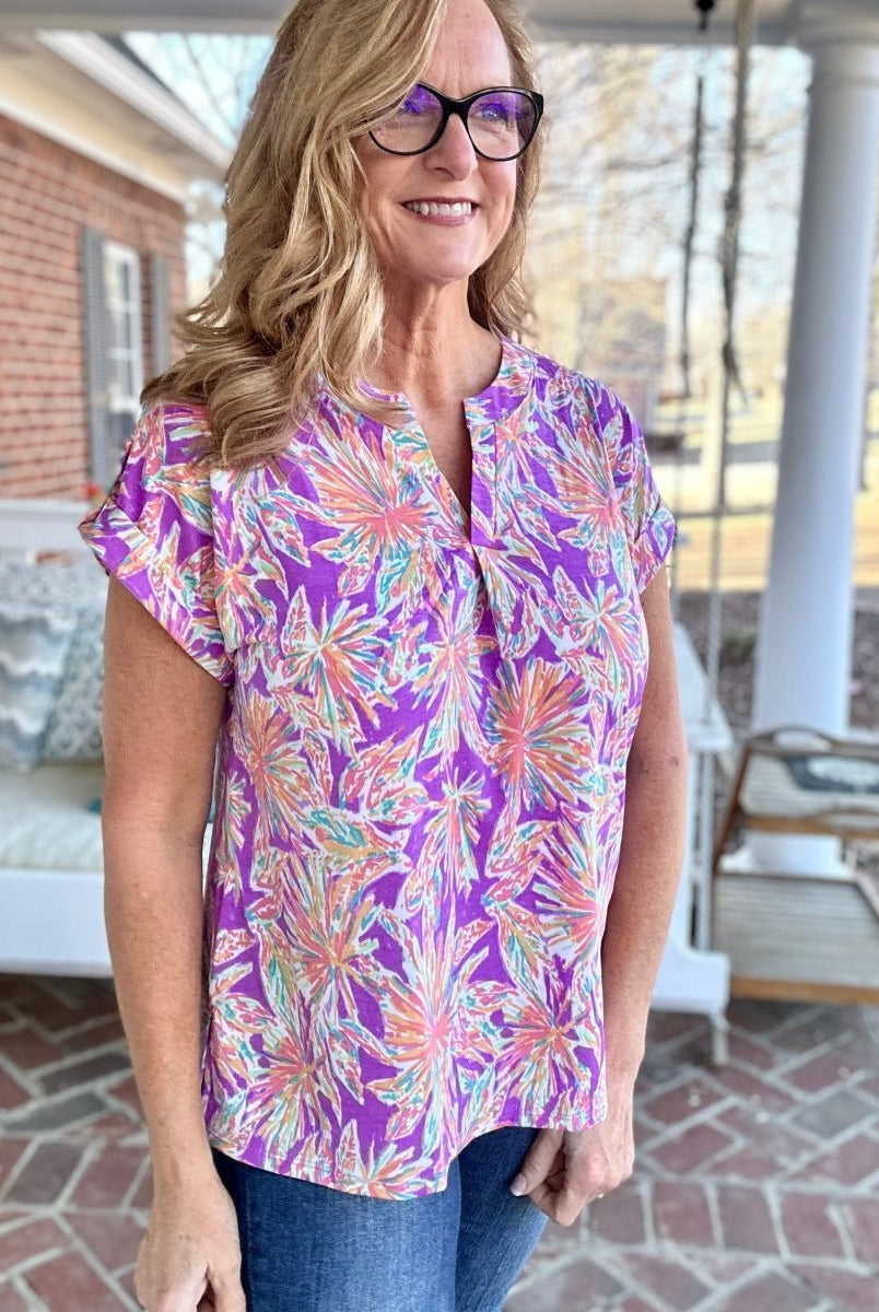 Shelly Purple Multi Print Short Sleeve Top | Dear Scarlett - Casual Top -Jimberly's Boutique-Olive Branch-Mississippi