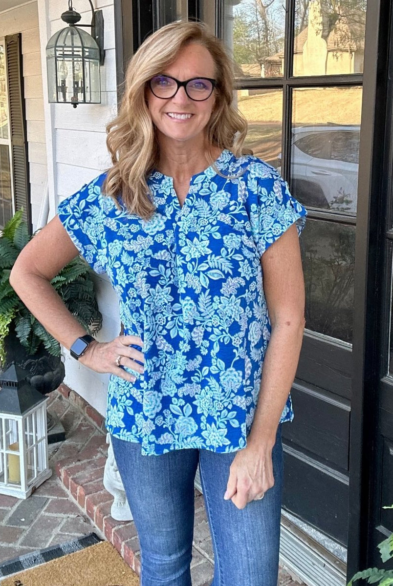 Shelly Royal Garden Short Sleeve Top | Dear Scarlett - Casual Top -Jimberly's Boutique-Olive Branch-Mississippi