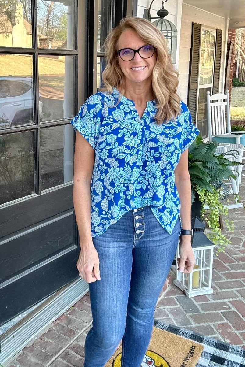Shelly Royal Garden Short Sleeve Top | Dear Scarlett - Casual Top -Jimberly's Boutique-Olive Branch-Mississippi