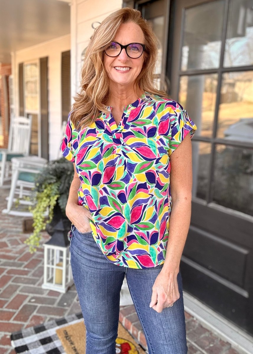 Shelly Royal Multi Print Short Sleeve Top | Dear Scarlett - Casual Top -Jimberly's Boutique-Olive Branch-Mississippi