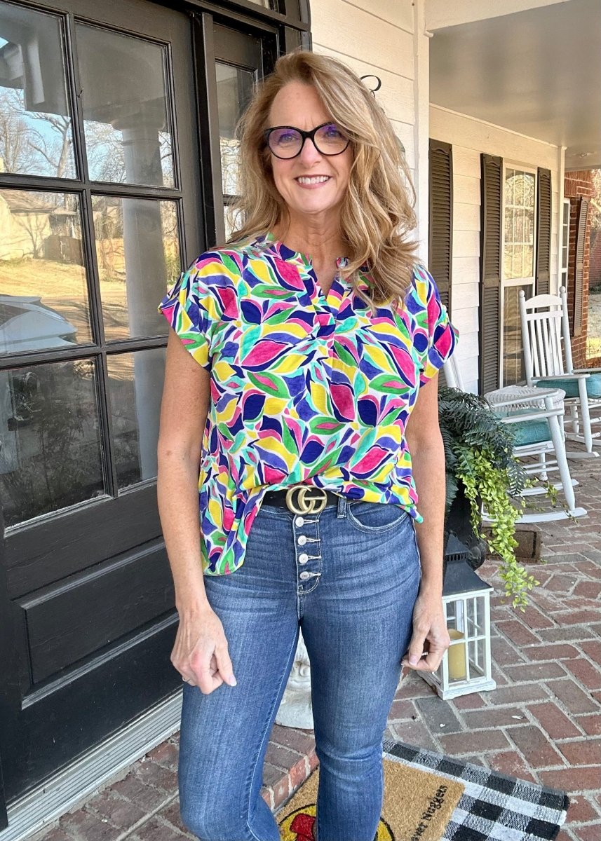 Shelly Royal Multi Print Short Sleeve Top | Dear Scarlett - Casual Top -Jimberly's Boutique-Olive Branch-Mississippi