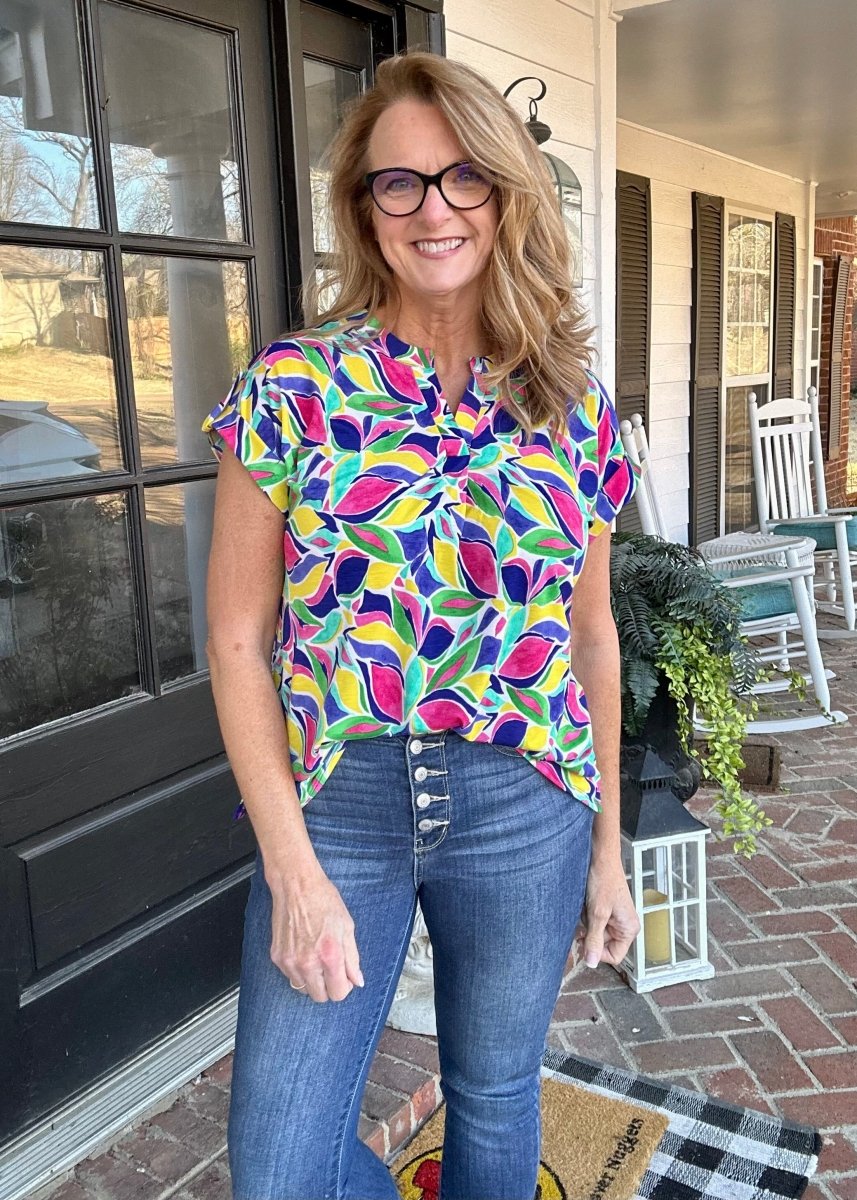 Shelly Royal Multi Print Short Sleeve Top | Dear Scarlett - Casual Top -Jimberly's Boutique-Olive Branch-Mississippi