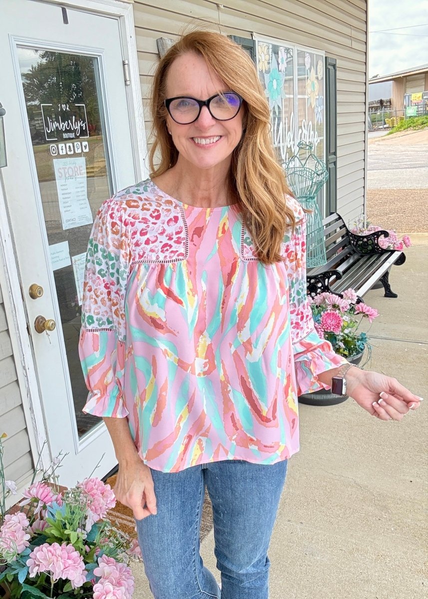 Simba Mixed Print Top - Lt Mauve Mix - Umgee Top - Jimberly's Boutique - Olive Branch - Mississippi