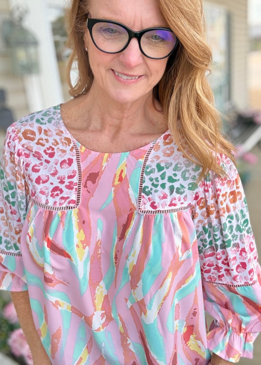 Simba Mixed Print Top - Lt Mauve Mix - Umgee Top - Jimberly's Boutique - Olive Branch - Mississippi