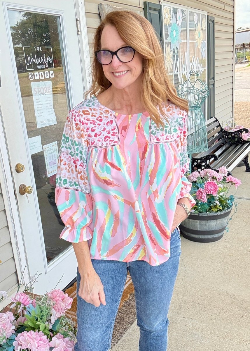 Simba Mixed Print Top - Lt Mauve Mix - Umgee Top - Jimberly's Boutique - Olive Branch - Mississippi