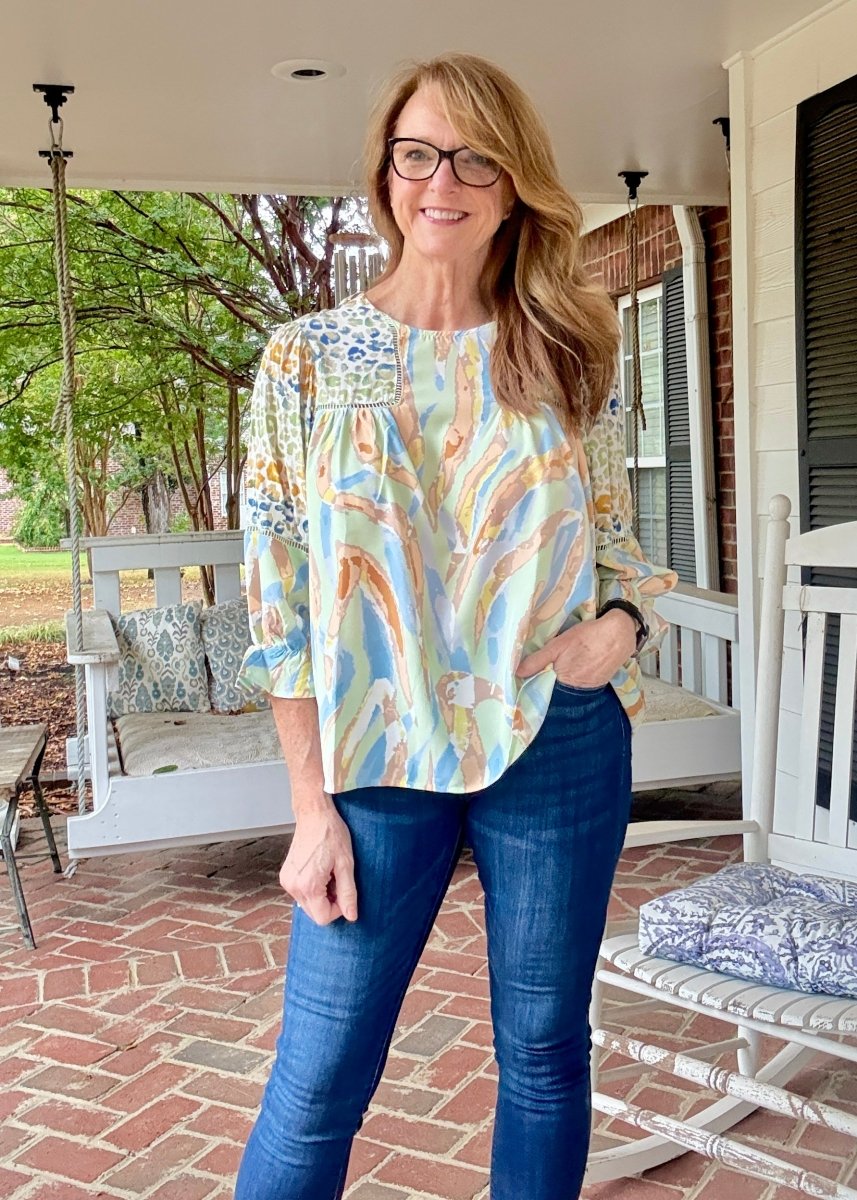 Simba Mixed Print Top - Sage Mix - Umgee Top - Jimberly's Boutique - Olive Branch - Mississippi