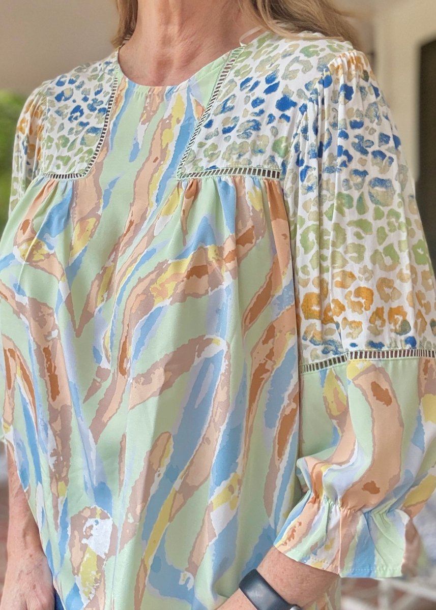 Simba Mixed Print Top - Sage Mix - Umgee Top - Jimberly's Boutique - Olive Branch - Mississippi