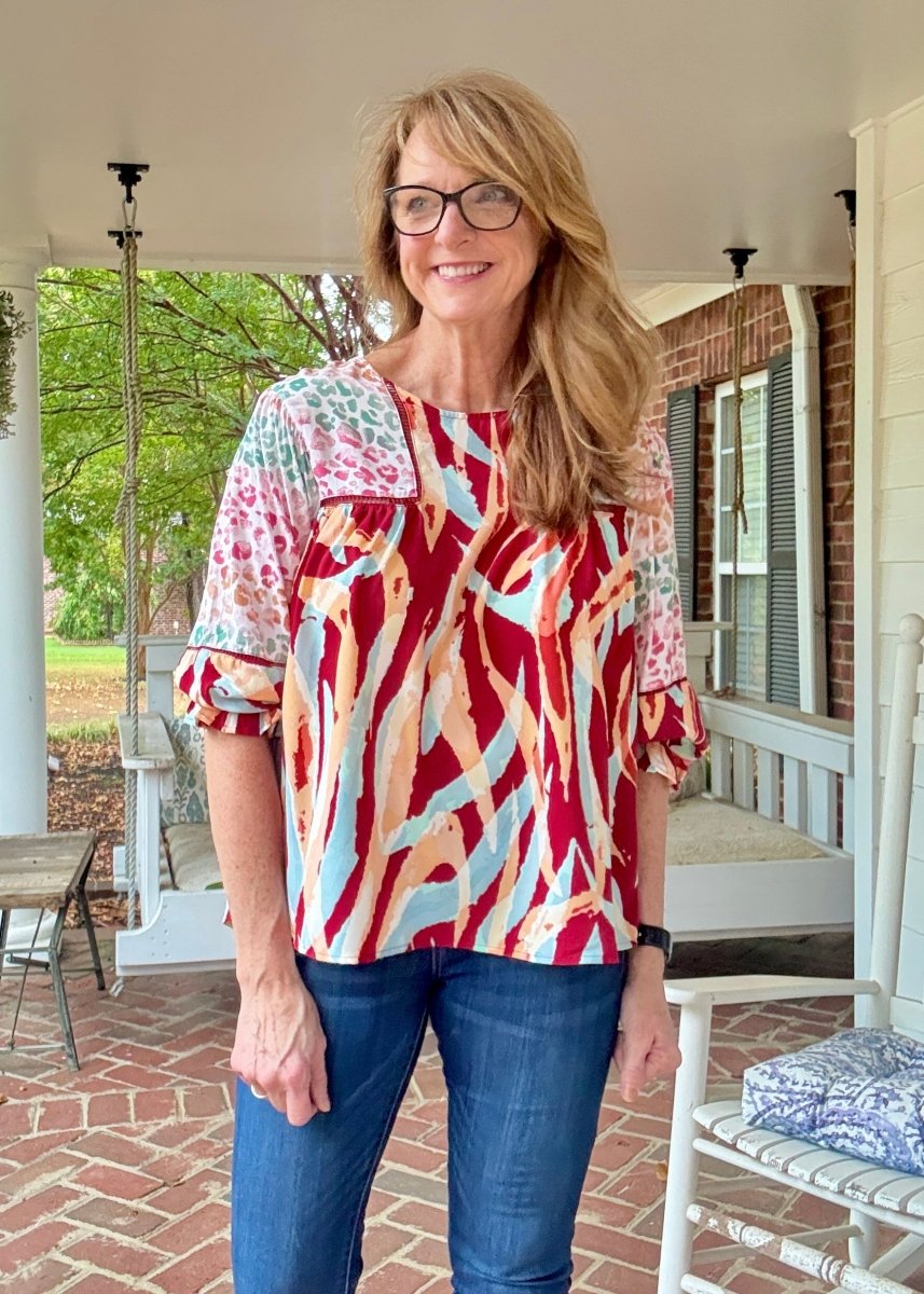 Simba Mixed Print Top - Wine Mix - Umgee Top - Jimberly's Boutique - Olive Branch - Mississippi