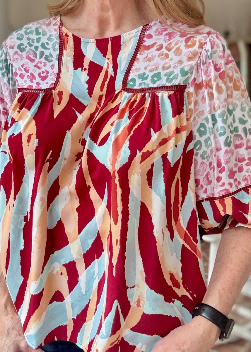 Simba Mixed Print Top - Wine Mix - Umgee Top - Jimberly's Boutique - Olive Branch - Mississippi