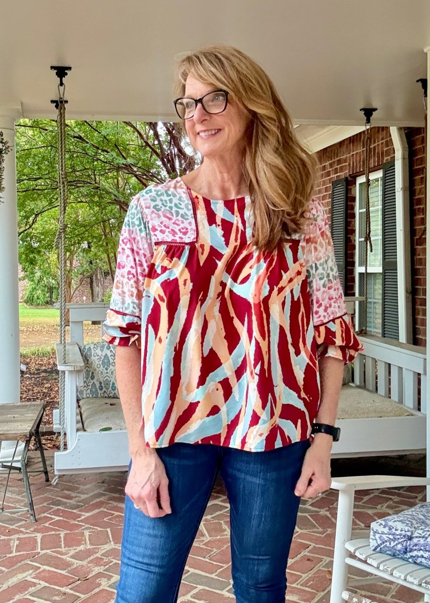 Simba Mixed Print Top - Wine Mix - Umgee Top - Jimberly's Boutique - Olive Branch - Mississippi