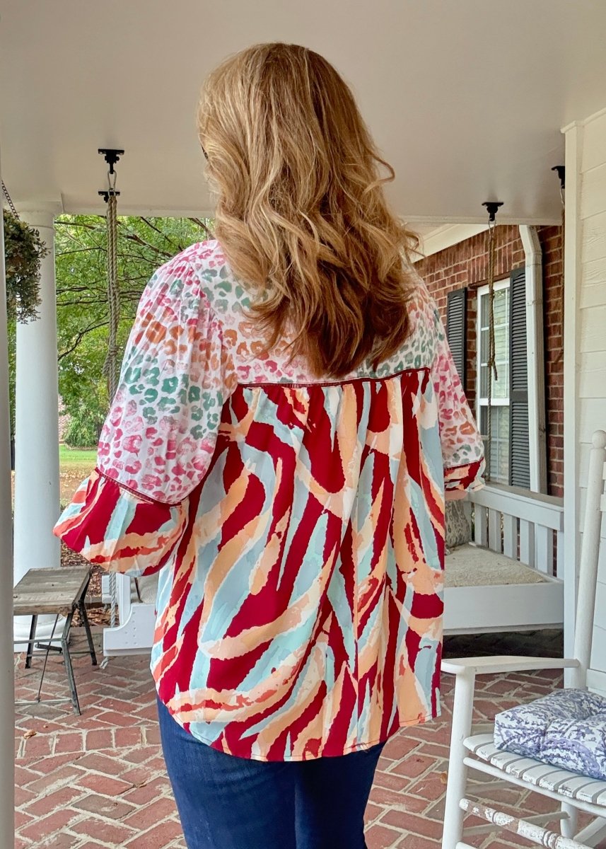 Simba Mixed Print Top - Wine Mix - Umgee Top - Jimberly's Boutique - Olive Branch - Mississippi