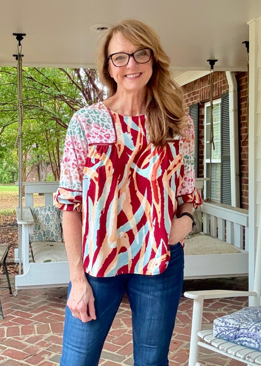 Simba Mixed Print Top - Wine Mix - Umgee Top - Jimberly's Boutique - Olive Branch - Mississippi