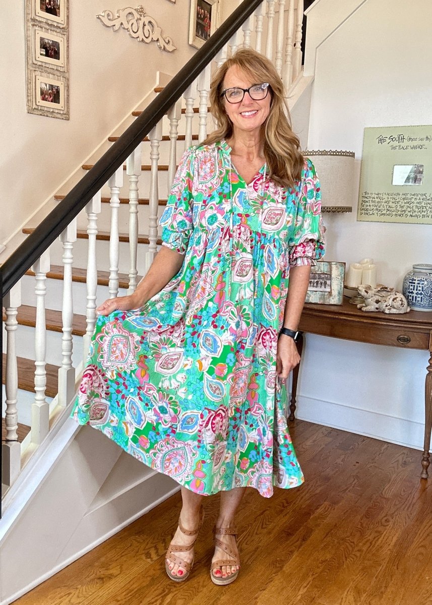 Slightly Distracted Midi Dress - Emerald Mix | Umgee Paisley Print - Umgee Dress - Jimberly's Boutique - Olive Branch - Mississippi