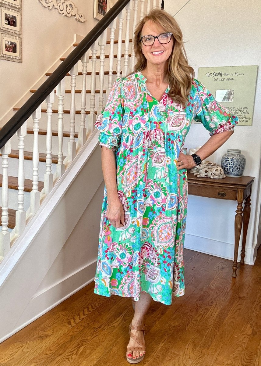 Slightly Distracted Midi Dress - Emerald Mix | Umgee Paisley Print - Umgee Dress - Jimberly's Boutique - Olive Branch - Mississippi