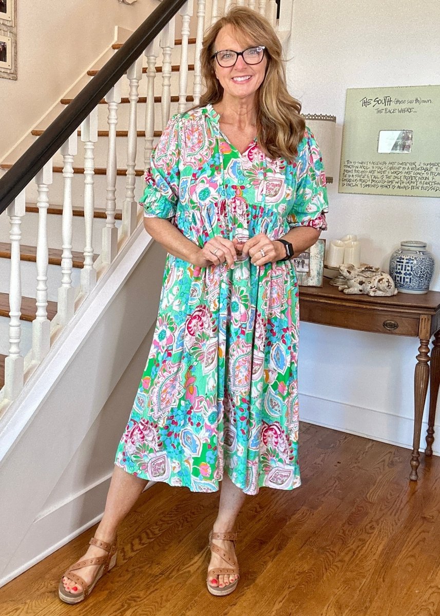 Slightly Distracted Midi Dress - Emerald Mix | Umgee Paisley Print - Umgee Dress - Jimberly's Boutique - Olive Branch - Mississippi