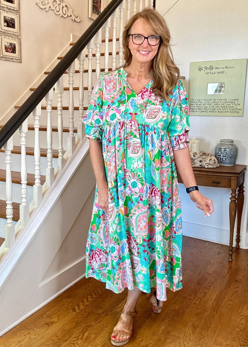 Slightly Distracted Midi Dress - Emerald Mix | Umgee Paisley Print - Umgee Dress - Jimberly's Boutique - Olive Branch - Mississippi