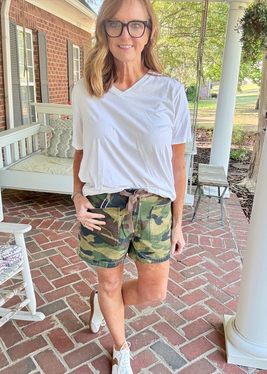 Slouchy Camo Print Patch Pocket Shorts | Risen - Risen shorts - Jimberly's Boutique - Olive Branch - Mississippi